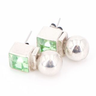 Vtg Sterling Silver Mexico Green Rhinestone Ball Bead Post Stud Earrings - 10.  5g
