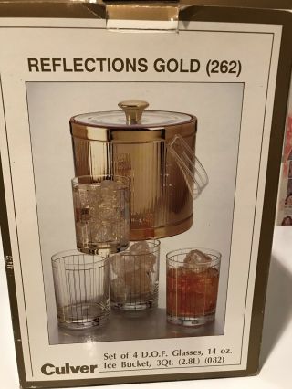 Vtg Culver Ice Bucket W/ 4 Old Fashioned Glasses Reflections (262) 22k Gold