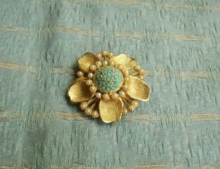 Old Vintage 1950s 60s Sphinx Gold Plated Faux Turquoise And Pearl Flower Brooch