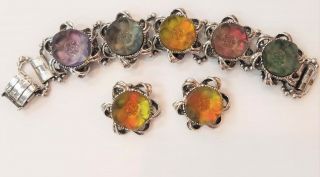 Vintage 7 " Glass Multi Colored Flower Bracelet & Clip On Earrings Set Unmarked