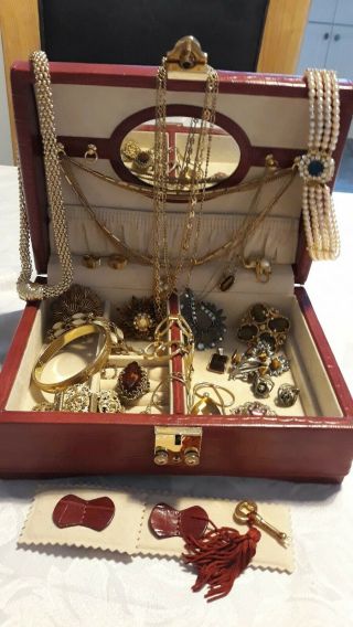 Vintage And Modern Costume Jewellery In A Leather Jewellery Box