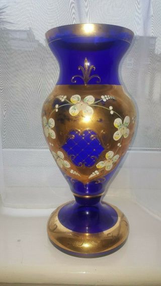 Vintage Bohemian Cobalt Blue Gold Gilding Floral Glass Vase Pedestal.