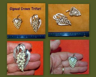 2 Crown Trifari Brooches Signed Vintage Silver Tone / Faux Pearl