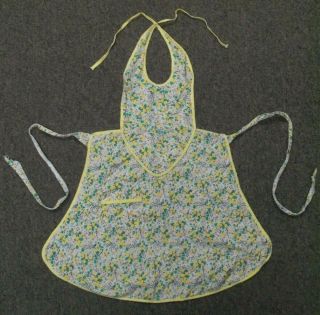 Vintage Childs Toddler Baby Girls Full Apron Cotton Yellow White Green Floral