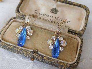 Dainty Vintage 1950s Blue Crystal Drop Earrings On Rolled Gold