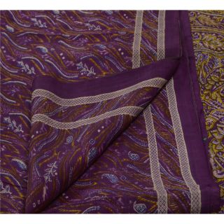 Tcw Vintage 100 Pure Silk Saree Purple Printed Sari Craft 5 Yard Fabric