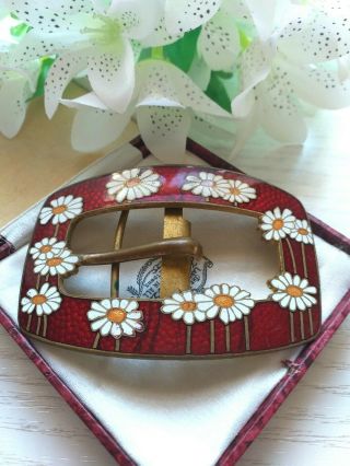 Vintage Old Jewellery - Brass Belt Buckle With Red Enamel And White Dog Daisies.