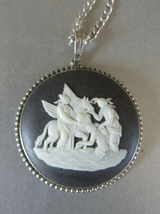 Vintage Large Black & White Jasperware Wedgwood Silver Pendant Necklace