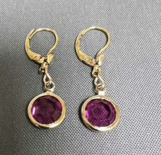 Vintage Open Back Bezel Set Purple Glass Earrings Rolled Gold Lever Back Hooks