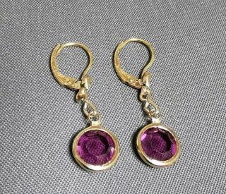 Vintage Open Back Bezel Set Purple Glass Earrings Rolled Gold Lever Back Hooks 2