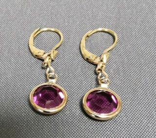 Vintage Open Back Bezel Set Purple Glass Earrings Rolled Gold Lever Back Hooks 3