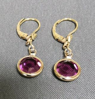 Vintage Open Back Bezel Set Purple Glass Earrings Rolled Gold Lever Back Hooks 4