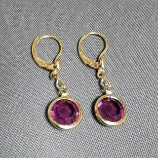 Vintage Open Back Bezel Set Purple Glass Earrings Rolled Gold Lever Back Hooks 5