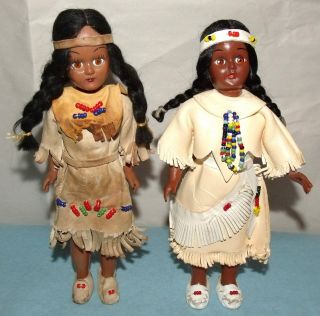 Two Vintage Plastic Native American Dolls; Leather Clothes With Beadwork; 7 1/2 "
