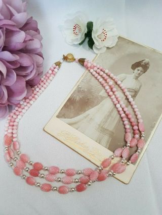 Vintage 1950/60s Triple Strand Pink Moulded Glass Beads Necklace
