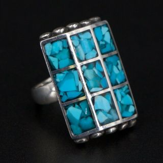 Vtg Sterling Silver Navajo Crushed Turquoise Inlay Statement Ring Size 9.  5 - 17g