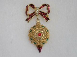 Vintage Gold Tone Rhinestones Red Enamel Bow Dangle Christmas Ornament Brooch