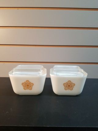 2 Vintage Pyrex Butterfly Gold Refrigerator Dishes W/lid 1 1/2 Cup 501 B