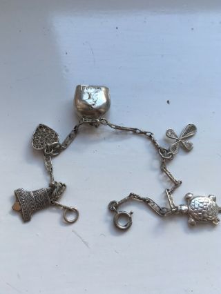 Vintage Solid Silver 800 Charm Bracelet With 5 Charms Bell Heart Turtle Cross