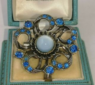 Vintage Jewellery Art Deco Czech Moonstone & Sapphire Blue Crystal Brooch
