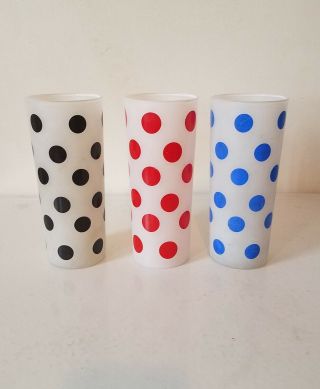 Vintage 3 Anchor Hocking Frosted Blue - Red - Black Polka Dot Glass Tumblers
