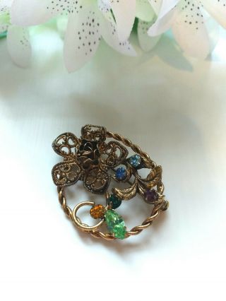 VINTAGE OLD JEWELLERY - CZECH FILIGREE FLOWER BROOCH WITH GLASS STONES.  MID 1900 ' S. 4