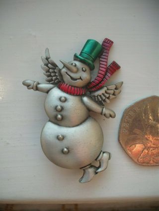Vintage Signed Jj Brooch Christmas Snowman Lovely Detailed