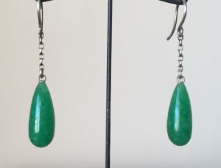 Vintage Sterling Silver Peking Jade Like Green Glass Earrings Ear Drops Dropper