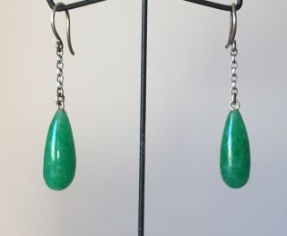 Vintage sterling silver Peking jade like green glass earrings ear drops dropper 2