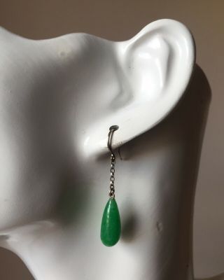 Vintage sterling silver Peking jade like green glass earrings ear drops dropper 3