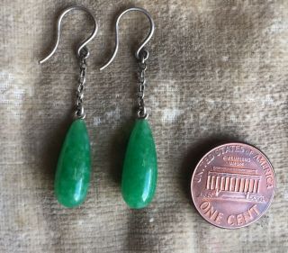 Vintage sterling silver Peking jade like green glass earrings ear drops dropper 4