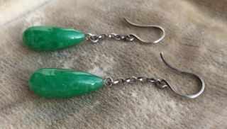 Vintage sterling silver Peking jade like green glass earrings ear drops dropper 5
