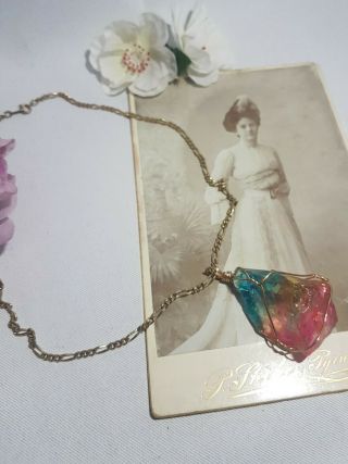 Gorgeous Vintage Modernist Rainbow Iris Glass Long Statement Pendant Necklace