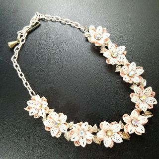 Vintage Silver Tone Mid Century Pink White Flower Ab Rhinestone Necklace W56
