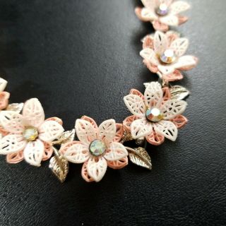 Vintage Silver Tone Mid Century Pink White Flower AB Rhinestone Necklace W56 2
