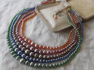 Vintage 1950s Five Strand Colourful Glass Pearl Necklace