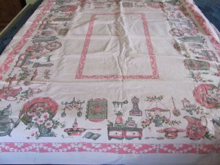 Vintage Mid - Century Print Tablecloth - Pink W Victorian Style Kitchen Print