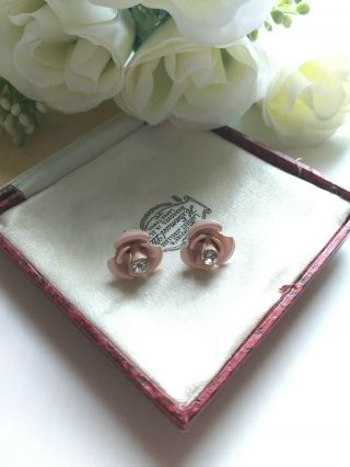 Vintage Jewellery - Pale Pink Enamel Rose Flower Post Earrings With Glass Stones.