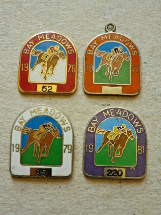 Four (4) Vintage Usa Horse Racing Racecourse Badges Bay Meadows 1970s 1980s