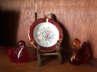 Vintage Limoges Porcelain Handpainted Ashtray,  Pink Roses Pattern,  Maroon Border