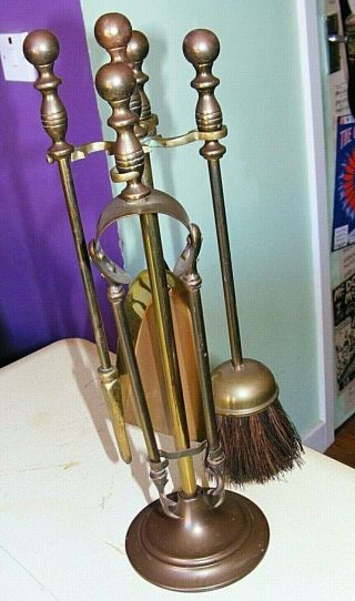 Vintage Brass Fireside Companion Set - Brush,  Poker,  Tongs,  Shovel.  Vgc