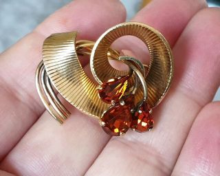 Vintage Signed Sharmaine Paris Jewellery Amber Crystal Rolled Gold Brooch Pin