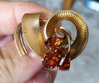 VINTAGE SIGNED SHARMAINE PARIS JEWELLERY AMBER CRYSTAL ROLLED GOLD BROOCH PIN 3