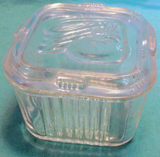 Vintage Federal Glass Small Square Refrigerator Dish With Lid Embossed Vegetable