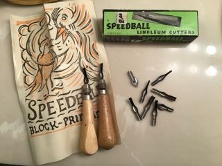Vintage 2 Speedball Wood Handle Linoleum Cutters W/10 Blades