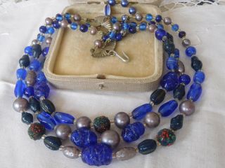Vintage 1950s Triple Strand Blue Venetian Glass Necklace