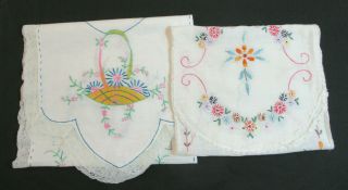 2 Vintage Hand Embroidered Runners Brightly Colored Flowers Lace Trim Exvc