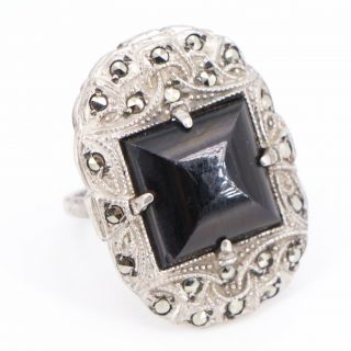 Vtg Sterling Silver - Art Deco Onyx Marcasite Cocktail Ring Size 4.  25 - 6g