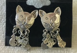 Vintage Artisan Sterling Silver 925 Dangling Kitten Cat Post Earrings