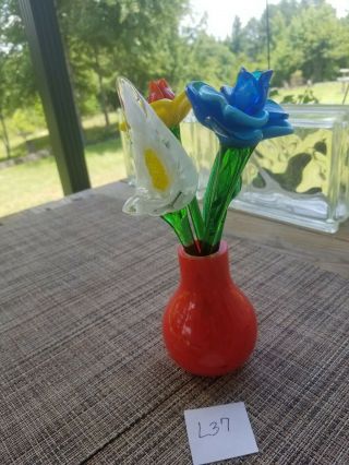 Vintage Murano Orange/white Swirl Glass Vase With Murano Glass Flowers